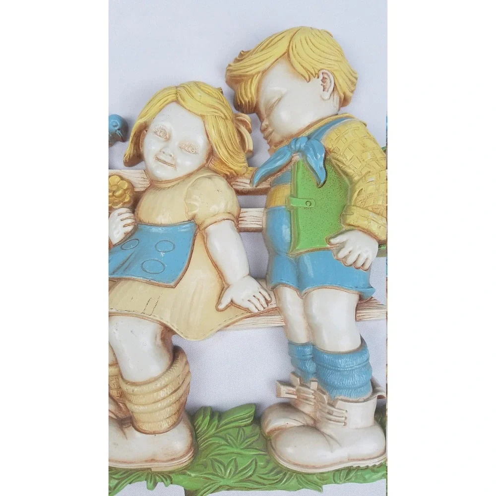 Vintage Homco wall decor two kids sitting on‎ bench children cottagecore ranch